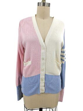 Momoshero Colorblock Cardigan Sweater Womens M Pink Blue Cream Pockets